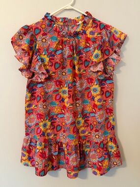 JODIFL Bright Red Floral Ruffle Sleeve Blouse